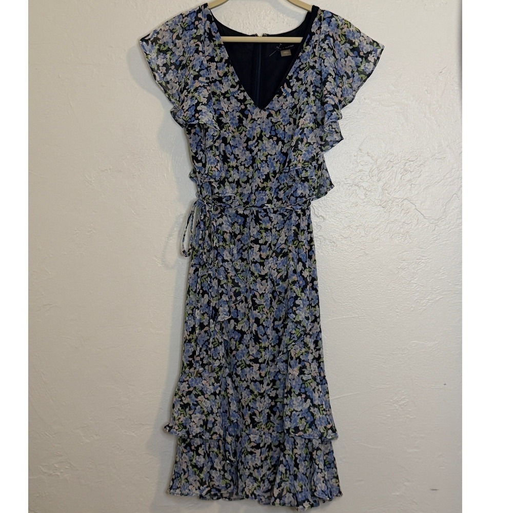 Tommy Hilfiger Blue Floral Ruffle Midi Dress V-Neck Cap Sleeve Size 2
